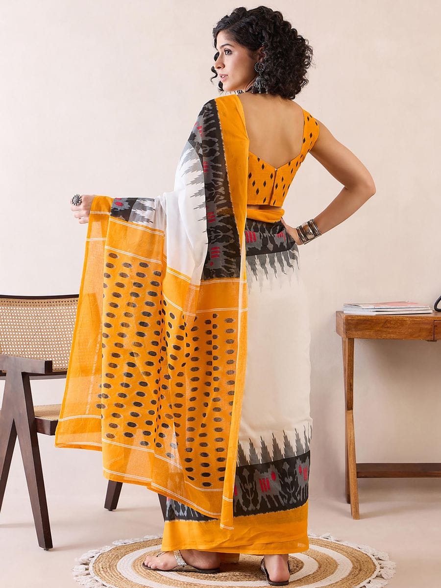 Classical Yellow Color Printed Saree With Blouse