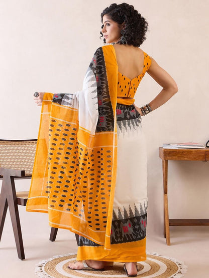 Classical Yellow Color Printed Saree With Blouse