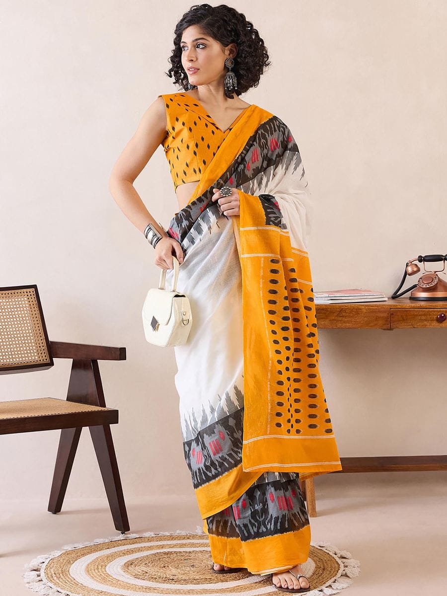 Classical Yellow Color Printed Saree With Blouse