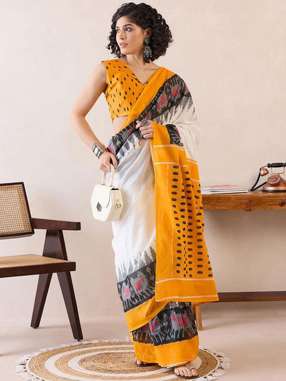 Classical Yellow Color Printed Saree With Blouse