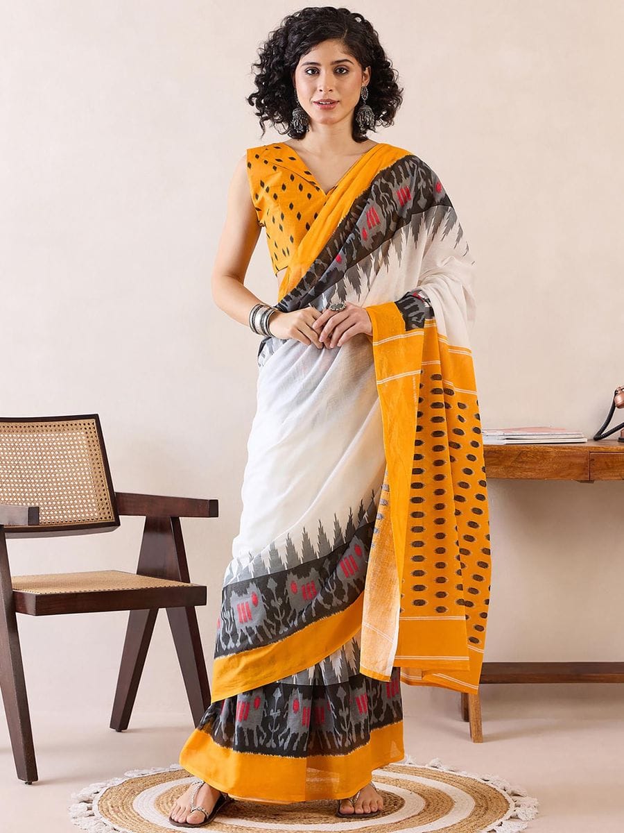 Classical Yellow Color Printed Saree With Blouse