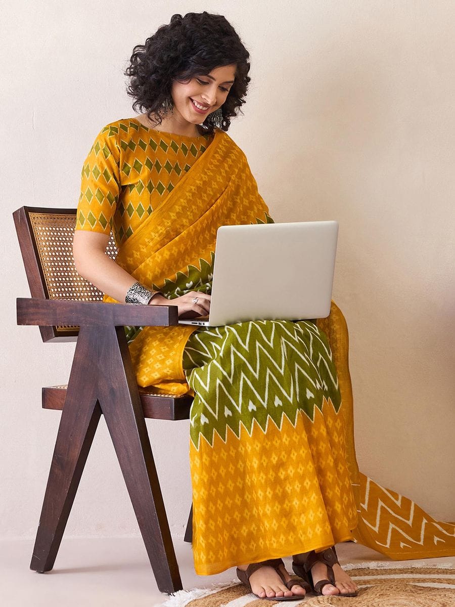 Stylish Yellow Color Printed Ready To Wear Saree With Blouse