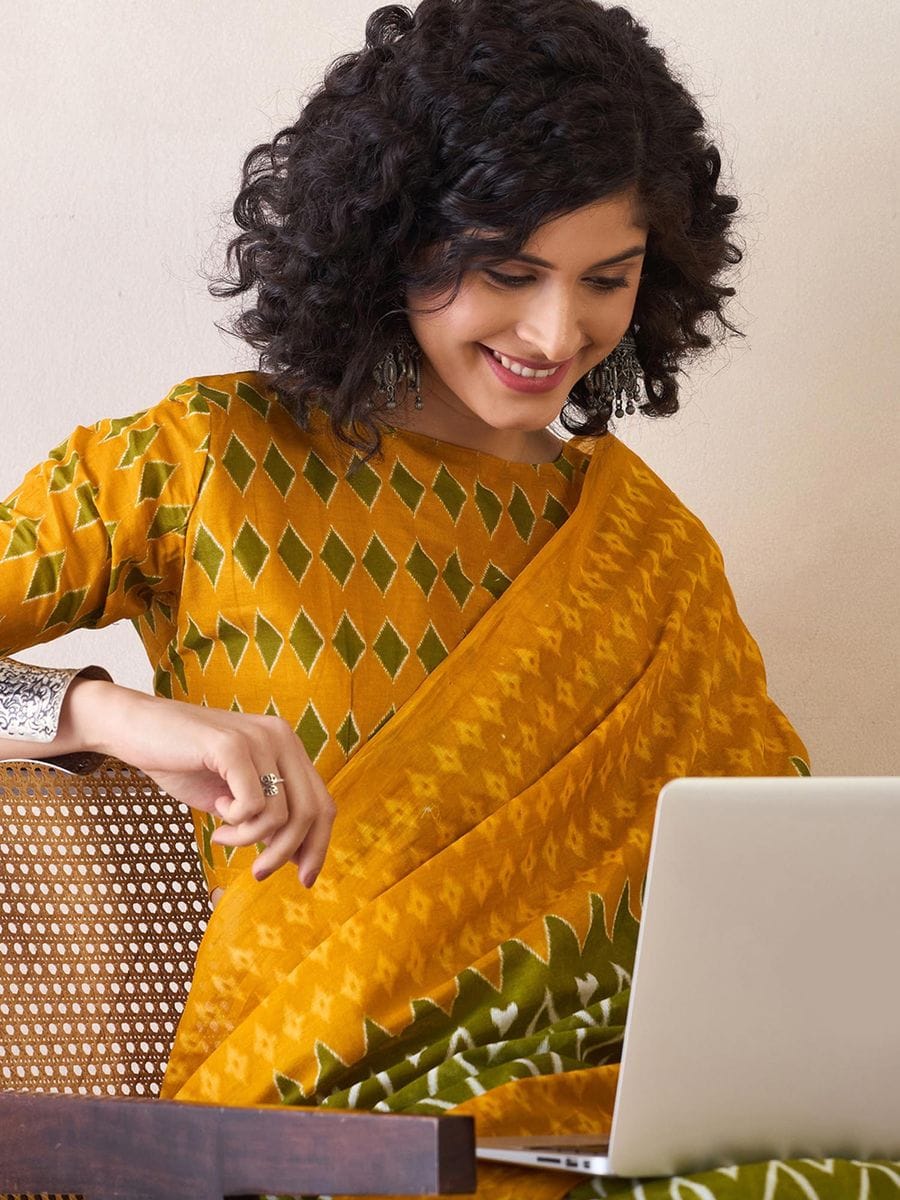 Stylish Yellow Color Printed Ready To Wear Saree With Blouse