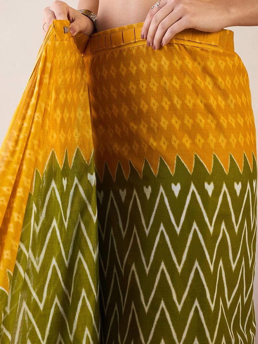 Stylish Yellow Color Printed Ready To Wear Saree With Blouse