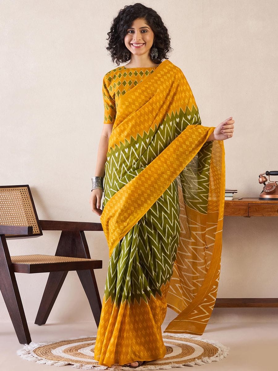 Stylish Yellow Color Printed Ready To Wear Saree With Blouse