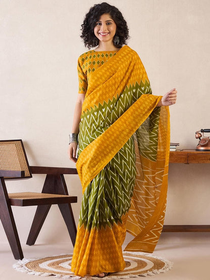 Stylish Yellow Color Printed Ready To Wear Saree With Blouse