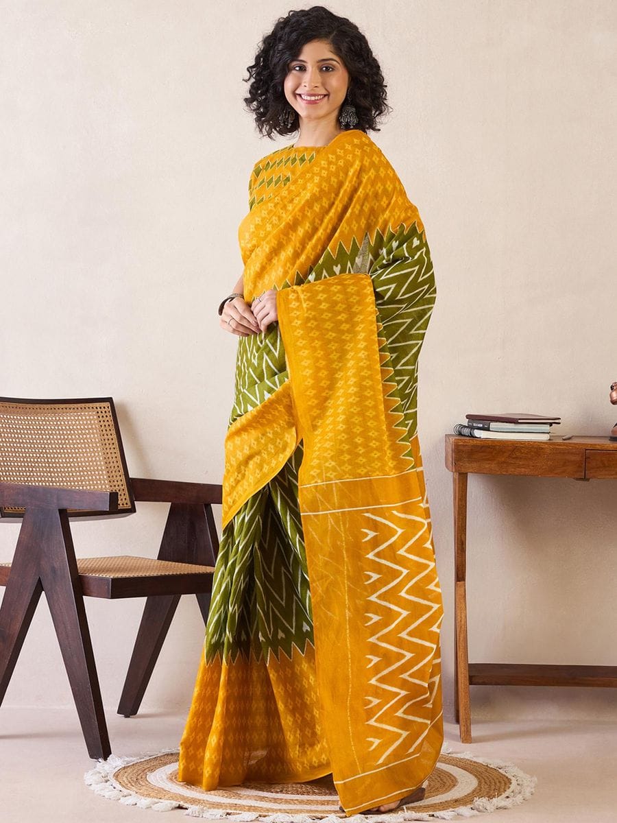 Stylish Yellow Color Printed Ready To Wear Saree With Blouse