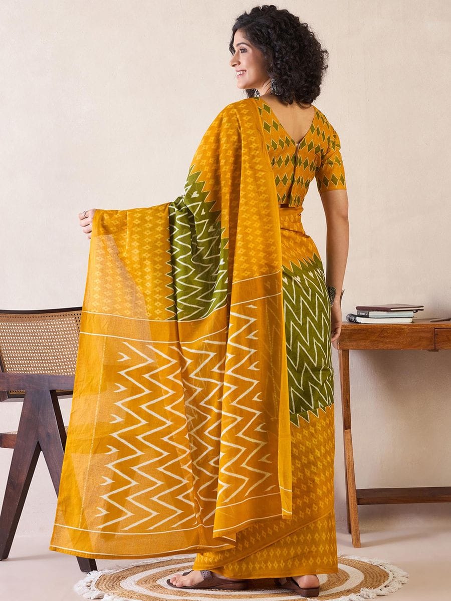 Stylish Yellow Color Printed Ready To Wear Saree With Blouse