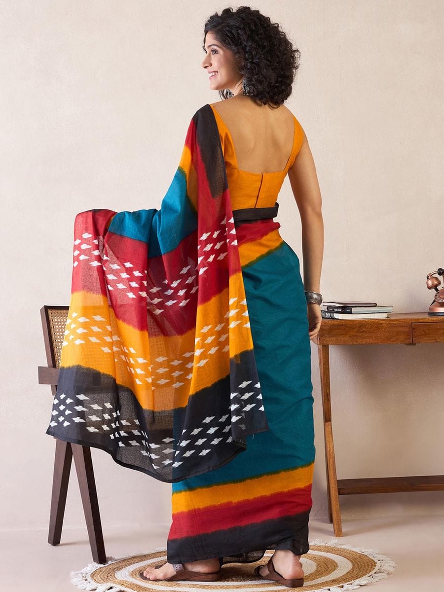 Gregouse Blue Color Printed Ready To Wear Saree With Blouse