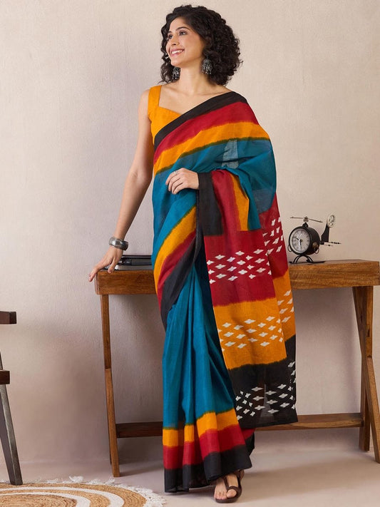 Gregouse Blue Color Printed Ready To Wear Saree With Blouse