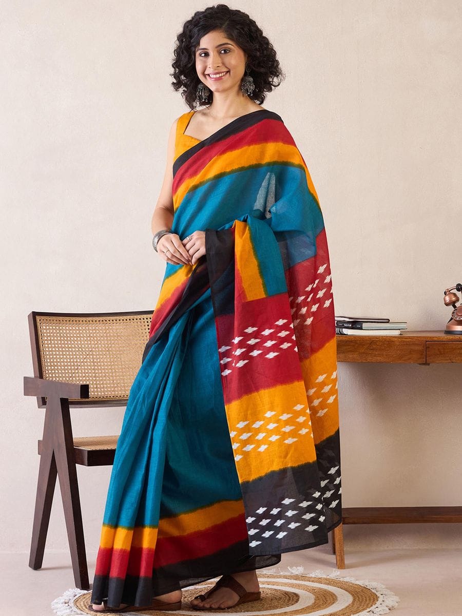 Gregouse Blue Color Printed Ready To Wear Saree With Blouse