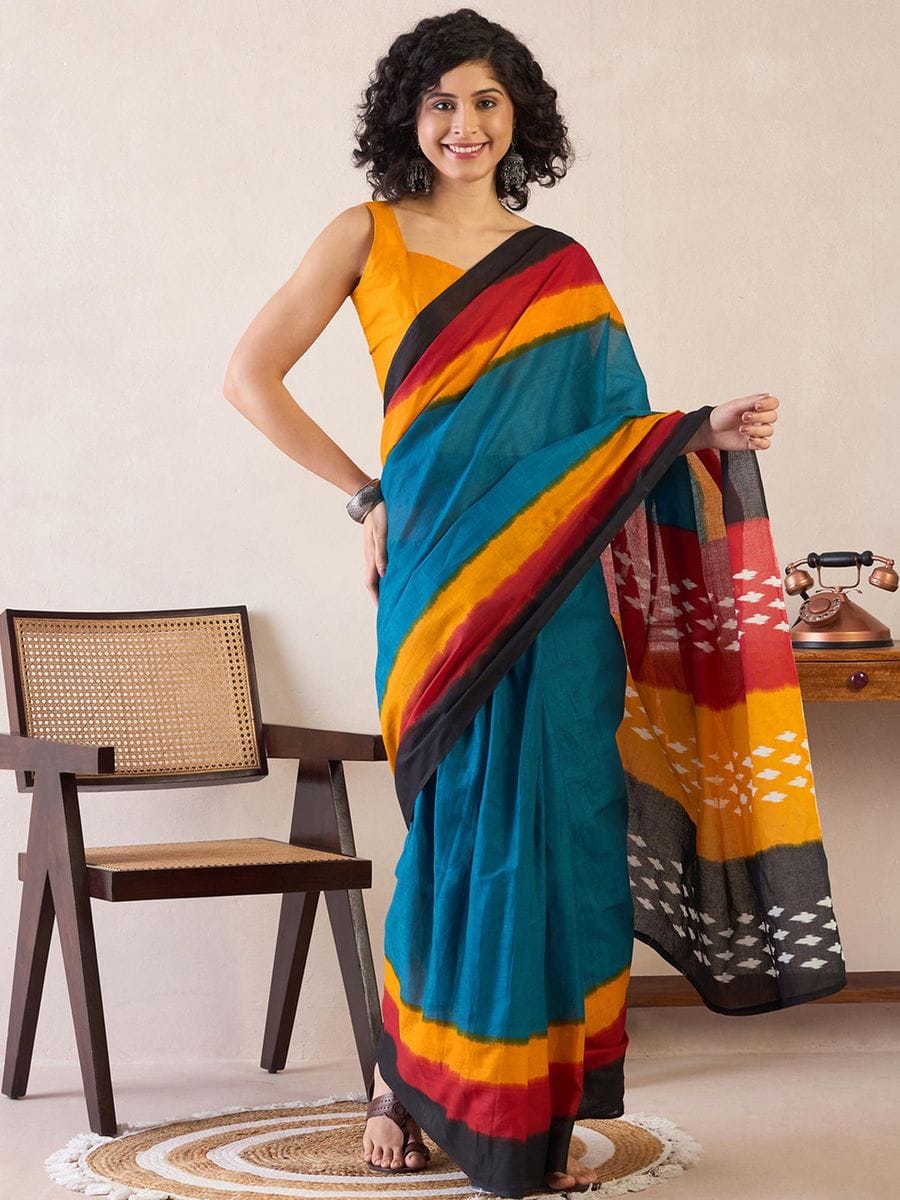 Gregouse Blue Color Printed Ready To Wear Saree With Blouse
