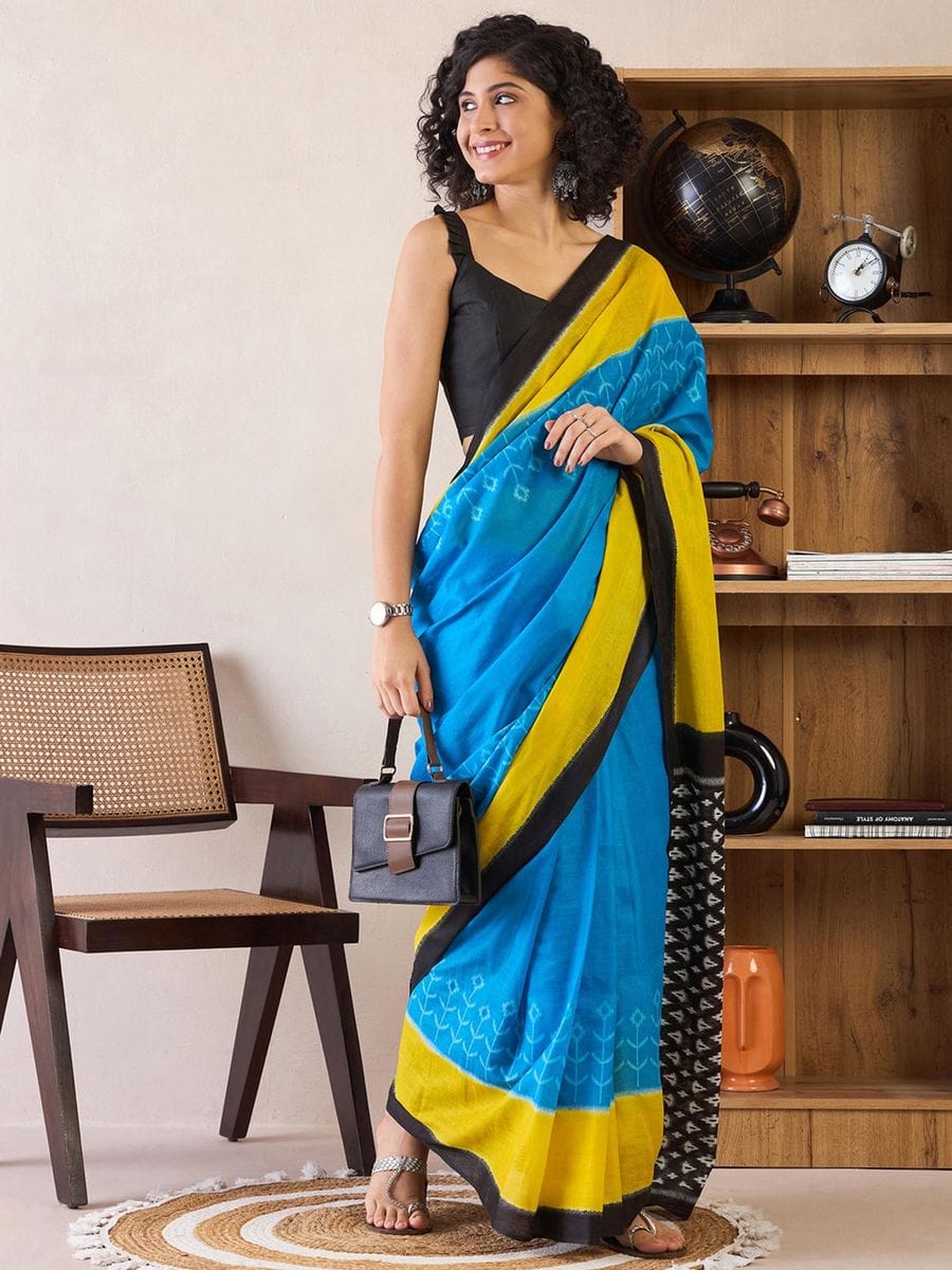 Caremony Wear Sky Blue Color Printed Ready To Wear Saree With Blouse