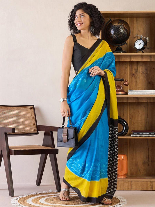 Caremony Wear Sky Blue Color Printed Ready To Wear Saree With Blouse