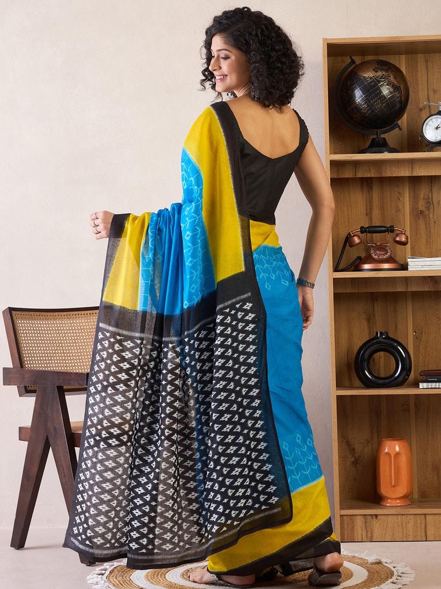 Caremony Wear Sky Blue Color Printed Ready To Wear Saree With Blouse