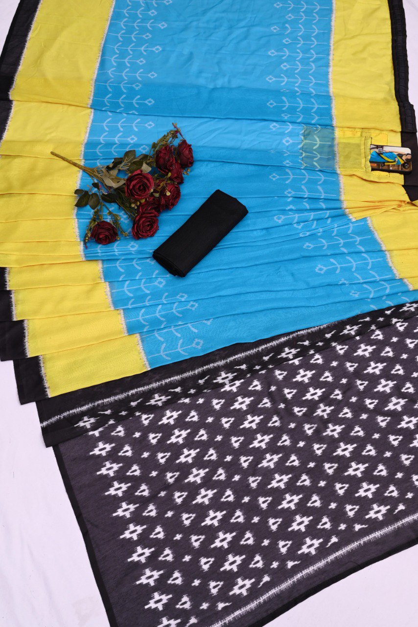 Caremony Wear Sky Blue Color Printed Ready To Wear Saree With Blouse