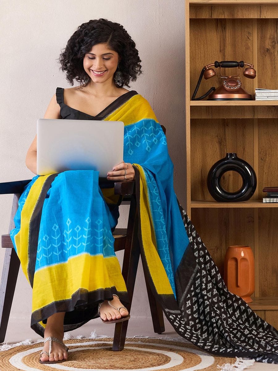 Caremony Wear Sky Blue Color Printed Ready To Wear Saree With Blouse