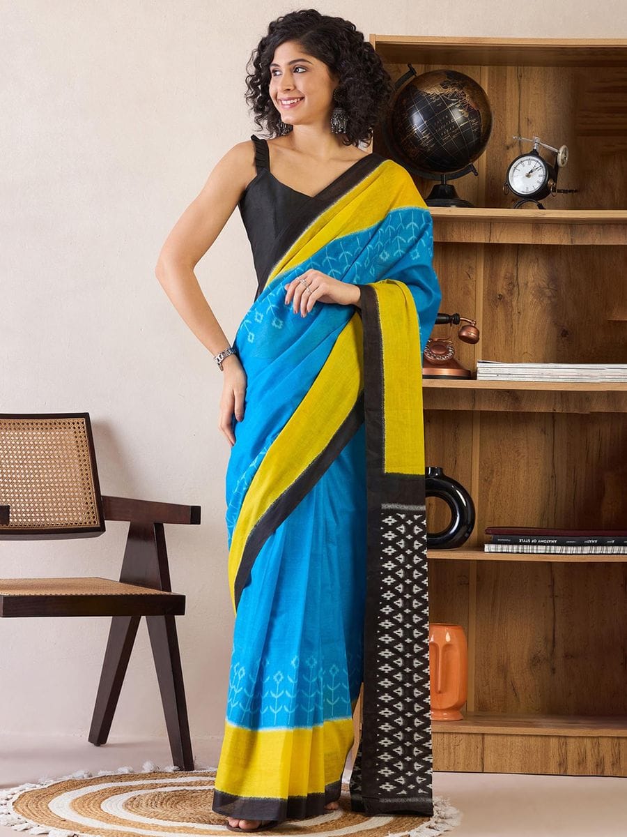 Caremony Wear Sky Blue Color Printed Ready To Wear Saree With Blouse