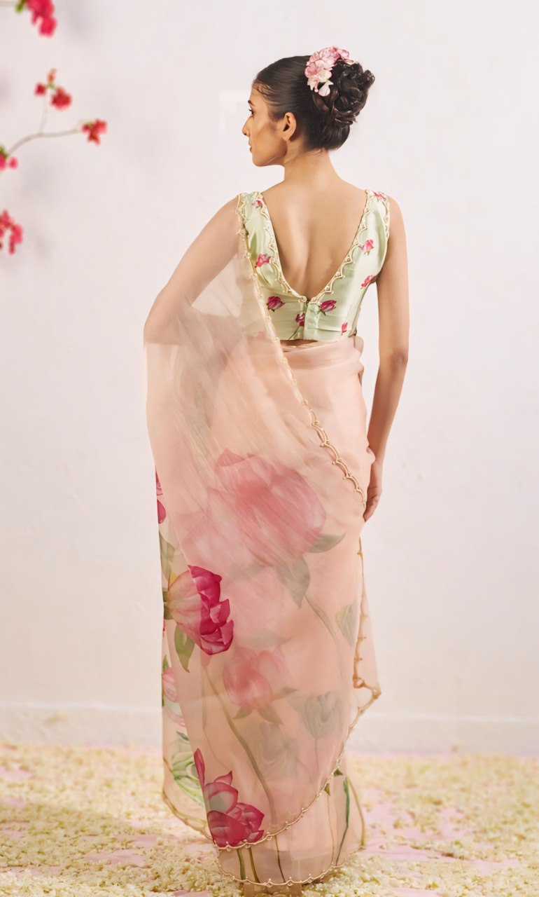 Impossing Pista Green Color Organza Silk Pre Stitched Saree With Blouse