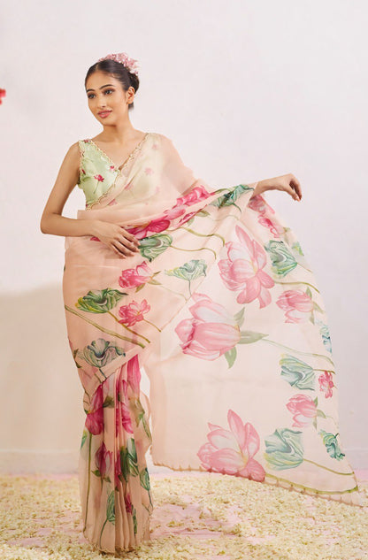 Impossing Pista Green Color Organza Silk Pre Stitched Saree With Blouse