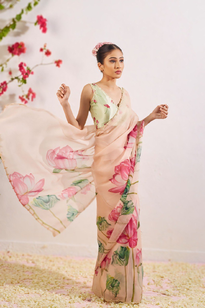 Impossing Pista Green Color Organza Silk Pre Stitched Saree With Blouse