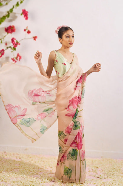 Impossing Pista Green Color Organza Silk Pre Stitched Saree With Blouse