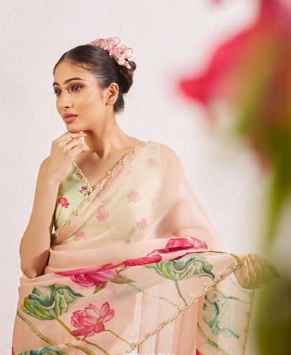 Impossing Pista Green Color Organza Silk Pre Stitched Saree With Blouse