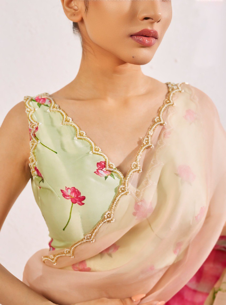 Impossing Pista Green Color Organza Silk Pre Stitched Saree With Blouse