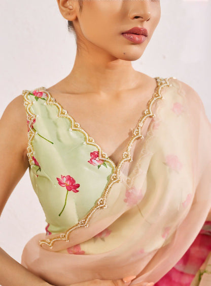 Impossing Pista Green Color Organza Silk Pre Stitched Saree With Blouse