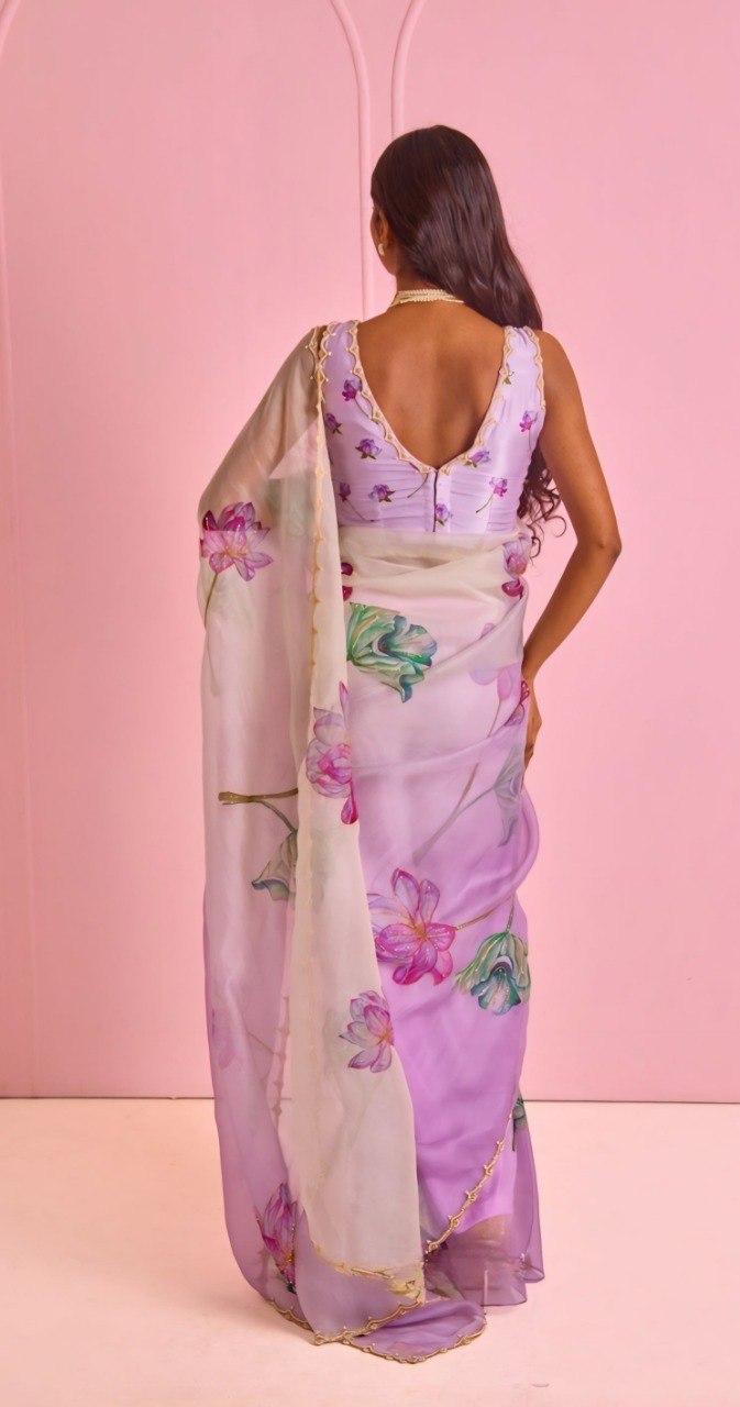 Delightful Purple Color Organza Silk Ready To Wear Saree With Blouse