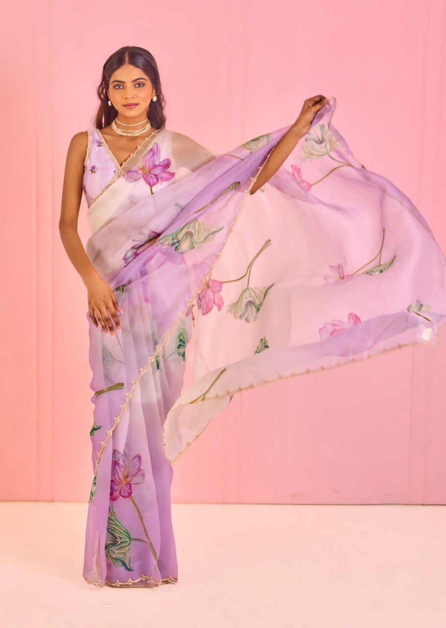 Delightful Purple Color Organza Silk Ready To Wear Saree With Blouse