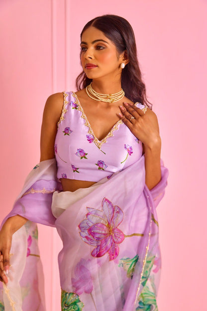 Delightful Purple Color Organza Silk Ready To Wear Saree With Blouse