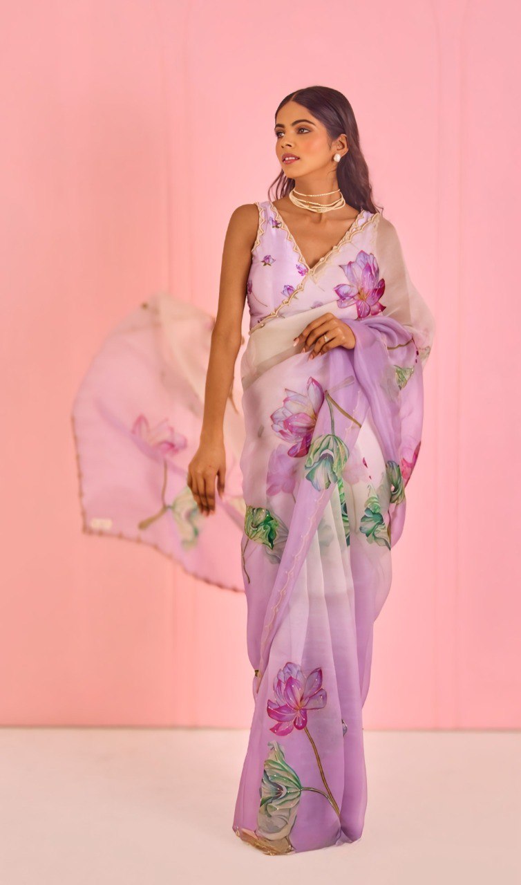 Delightful Purple Color Organza Silk Ready To Wear Saree With Blouse