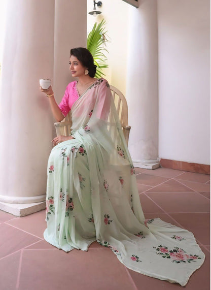 Party Wear Light Green Color Silk Ready To Wear Saree With Blouse