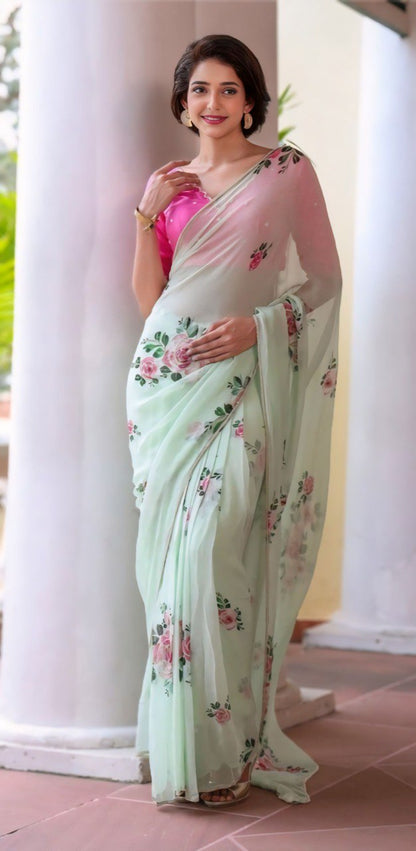 Party Wear Light Green Color Silk Ready To Wear Saree With Blouse