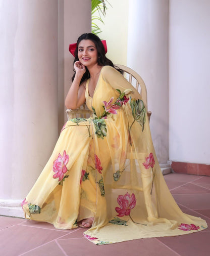 Ravishing Yellow Color Chiffon Silk Saree With Blouse