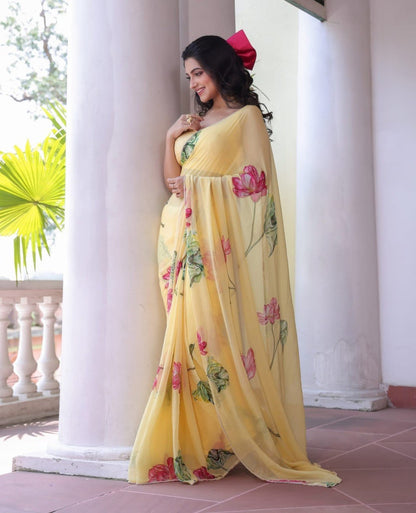 Ravishing Yellow Color Chiffon Silk Saree With Blouse