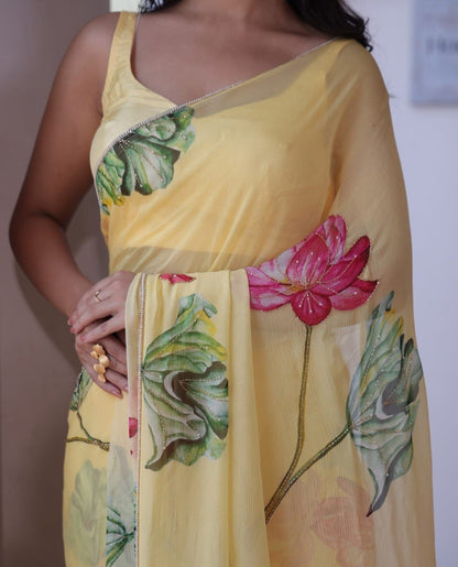 Ravishing Yellow Color Chiffon Silk Saree With Blouse