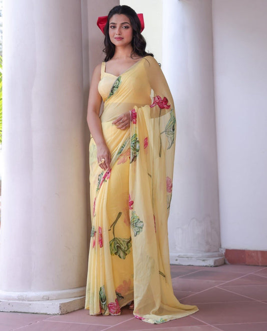 Ravishing Yellow Color Chiffon Silk Saree With Blouse