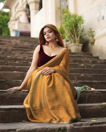 Casual Wear Mahendi Color Silk Ready To Wear Sharee With Blouse