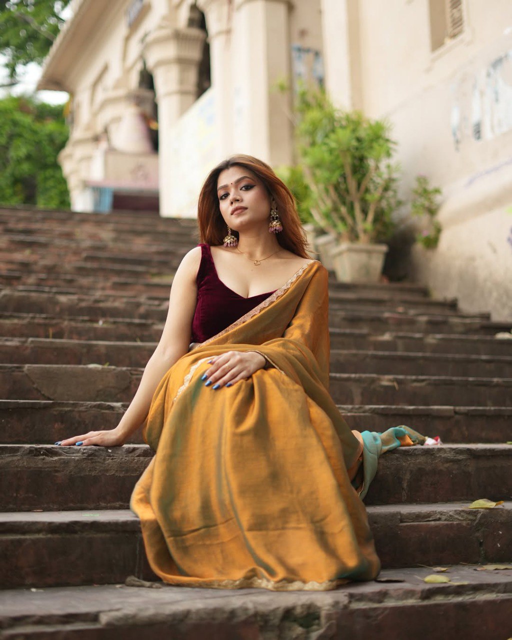 Casual Wear Mahendi Color Silk Ready To Wear Sharee With Blouse