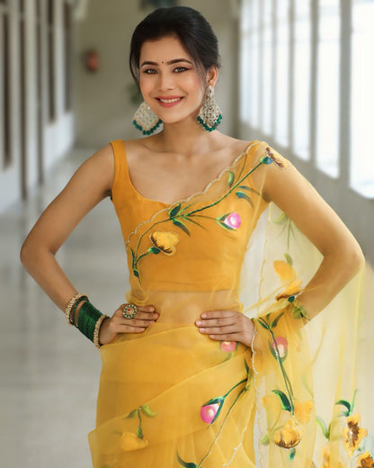 Ceremony Wear Yellow Color Organza Ready To Wear Saree With Blouse