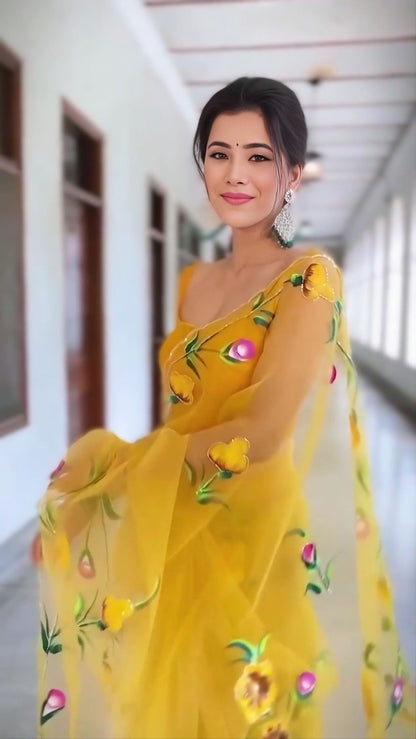 Ceremony Wear Yellow Color Organza Ready To Wear Saree With Blouse