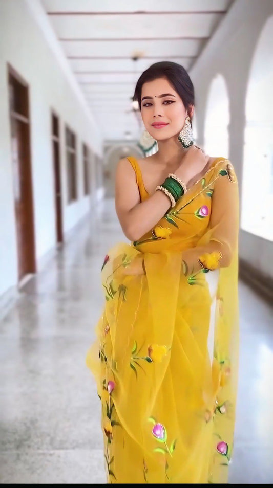 Ceremony Wear Yellow Color Organza Ready To Wear Saree With Blouse