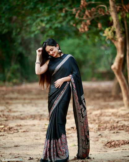 Eyes Catching Black Color Silk Ready To Wear Saree With Blouse