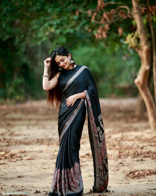 Eyes Catching Black Color Silk Ready To Wear Saree With Blouse