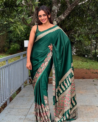 Attractive Green Color Silk Ready To Wear Saree With Blouse