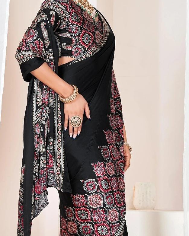 Eyes Catching Black Color Silk Ready To Wear Saree With Blouse