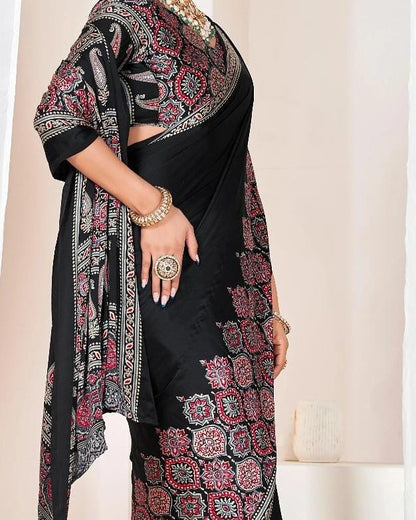 Eyes Catching Black Color Silk Ready To Wear Saree With Blouse