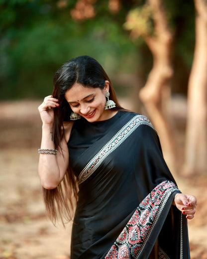 Eyes Catching Black Color Silk Ready To Wear Saree With Blouse
